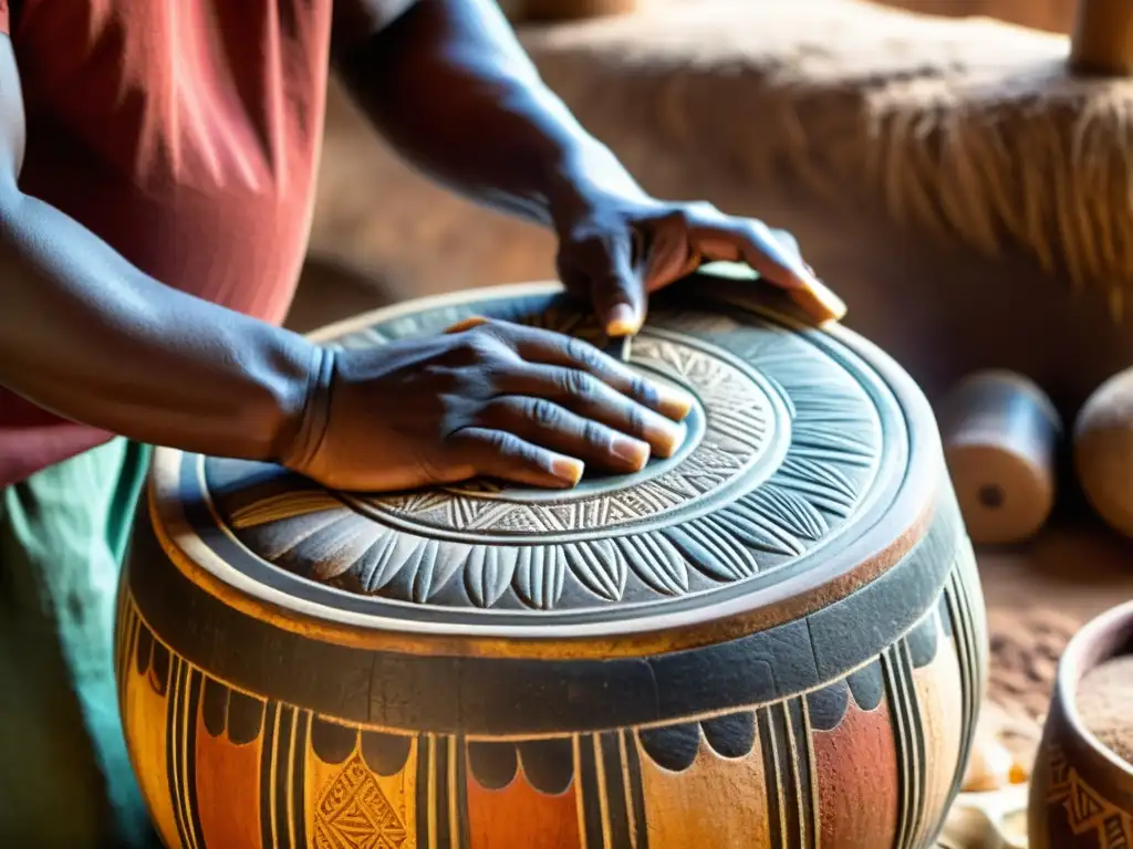 Artesano talla diseño en tambor de agua africano, resaltando tradición y destreza en danzas tradicionales África Occidental tambor de agua