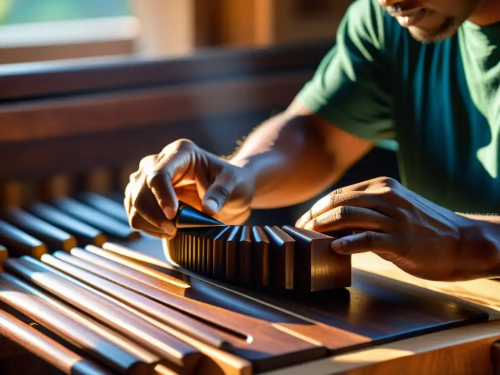 Un artesano talla con destreza diseños en una marimba de madera en Centroamérica, mostrando la belleza natural de la madera con luz dorada