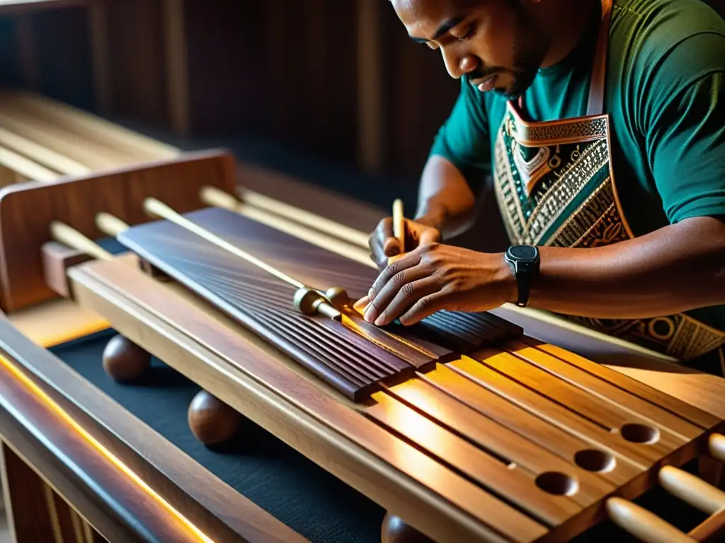 Un artesano talla intrincados diseños en una barra de marimba de madera en Centroamérica, destacando la artesanía tradicional y la dedicación