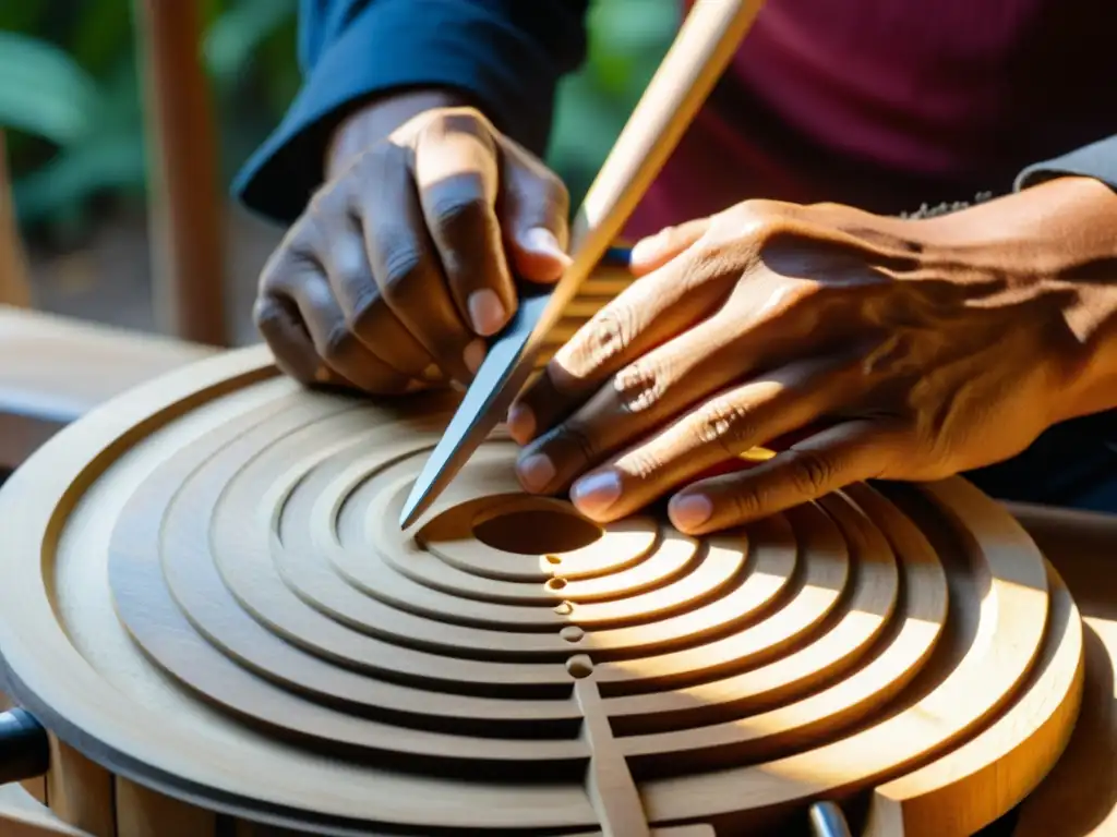 Un artesano talla intrincados diseños en una resonancia de marimba de madera en Centroamérica, mostrando la rica herencia cultural