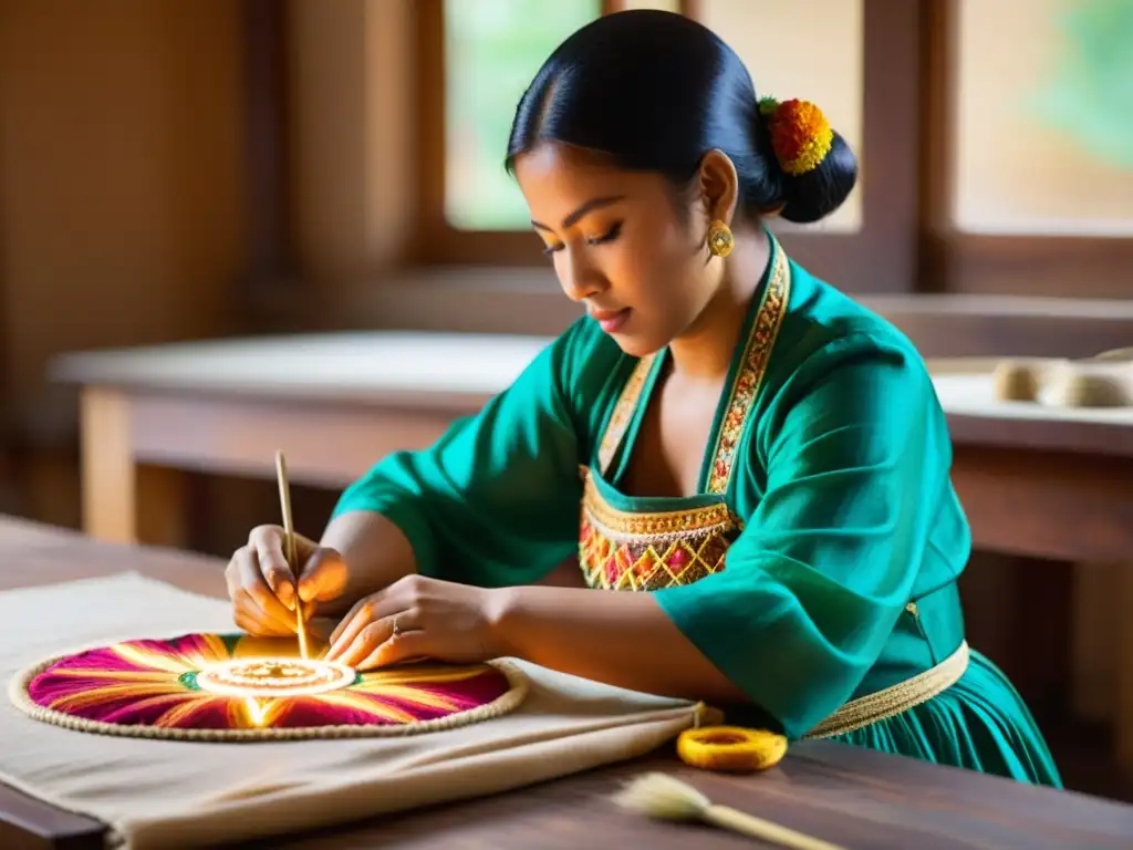 Un artesano borda con técnicas artesanales un traje de danza tradicional, rodeado de coloridos hilos y adornos