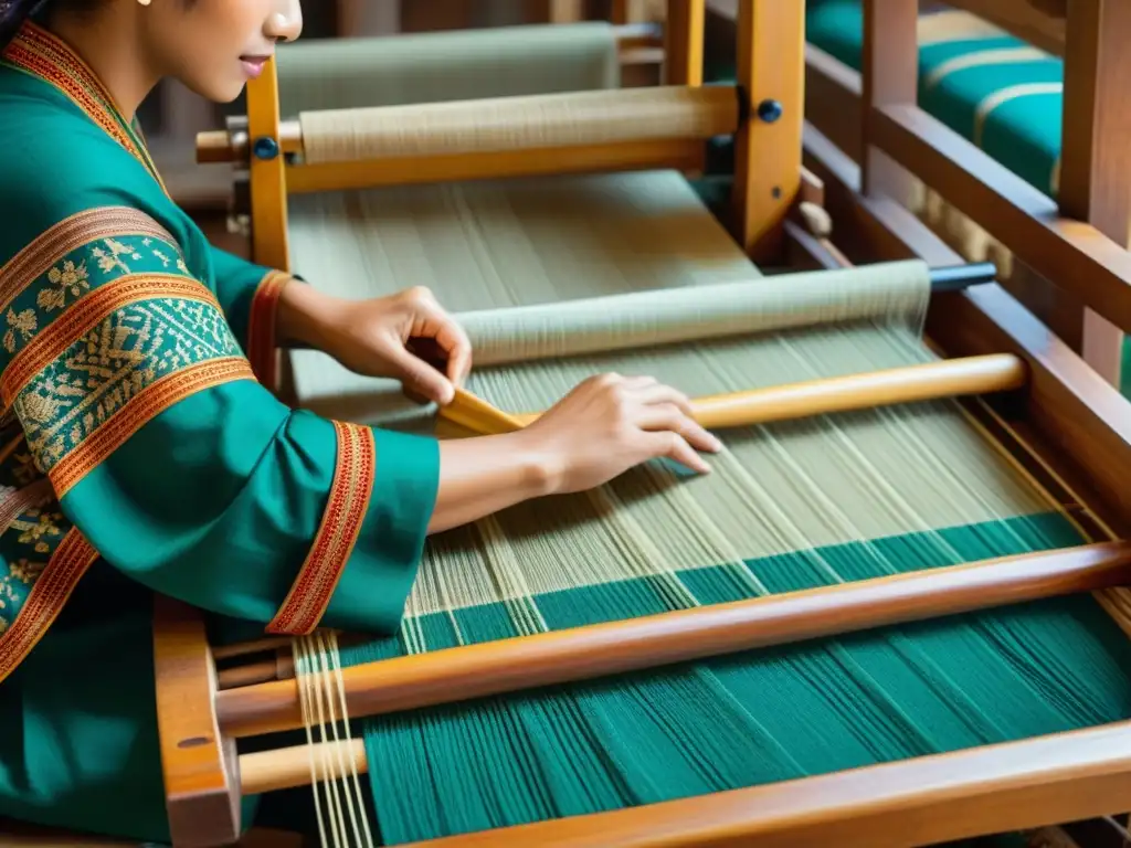 Artesano tejiendo tela en telar vintage con patrones e hilos vibrantes, resaltando la importancia de los materiales en la indumentaria tradicional