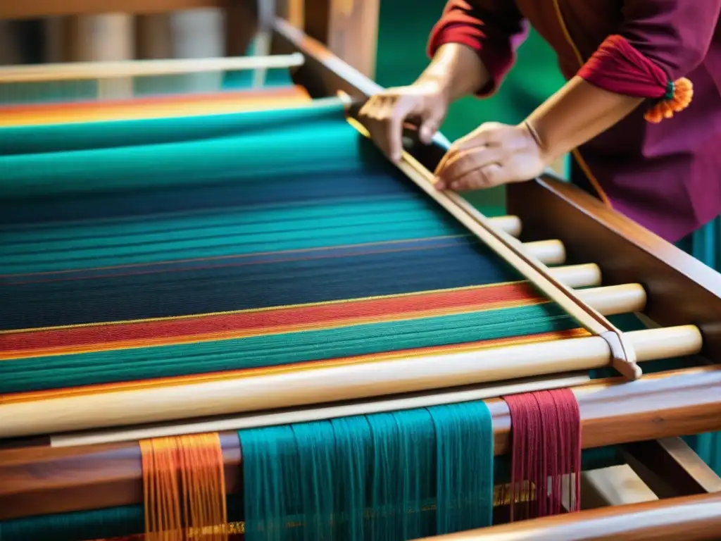 Un artesano textil teje con cuidado patrones en una vibrante tela multicolor en un telar de madera