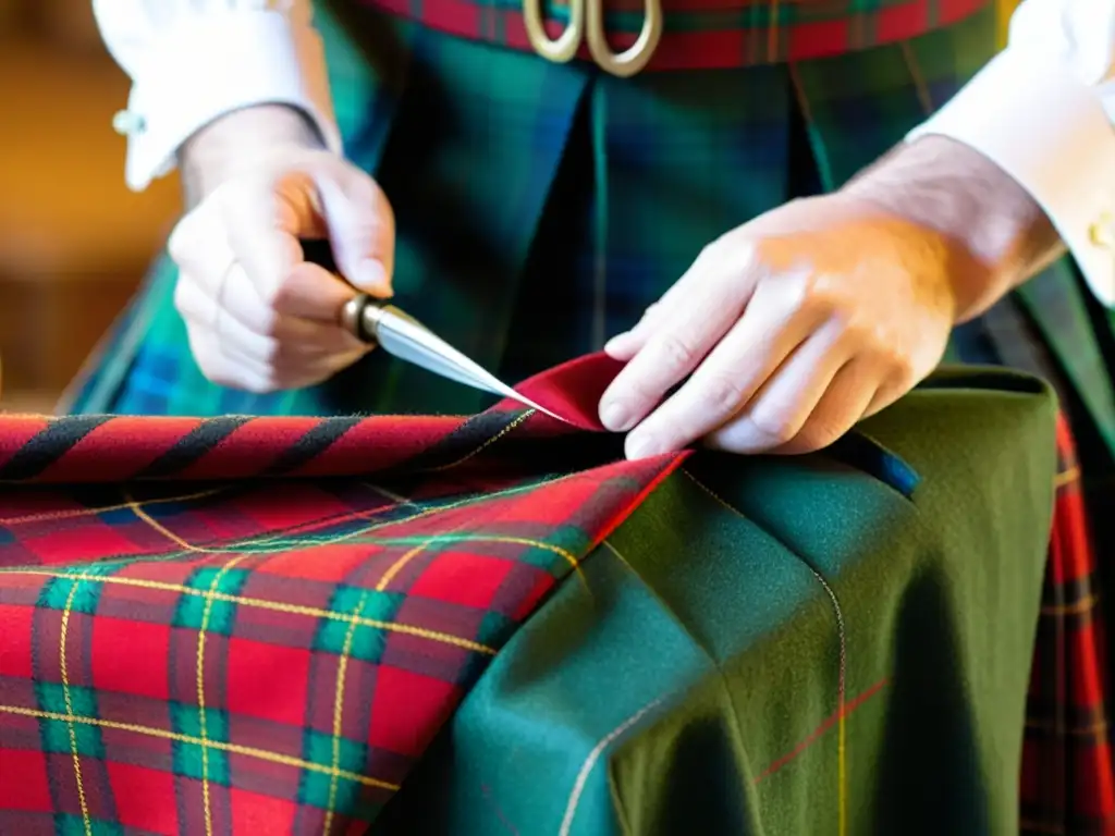 Un artesano cuidadosamente cose un tradicional kilt escocés, resaltando la diversidad regional de Escocia con sus vibrantes colores y patrones