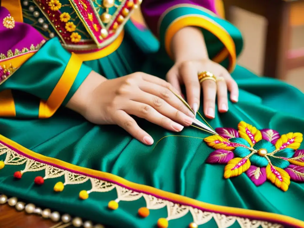 Un artesano cuidadosamente borda un traje de danza tradicional, mostrando la dedicación y el arte en la creación de estas hermosas prendas