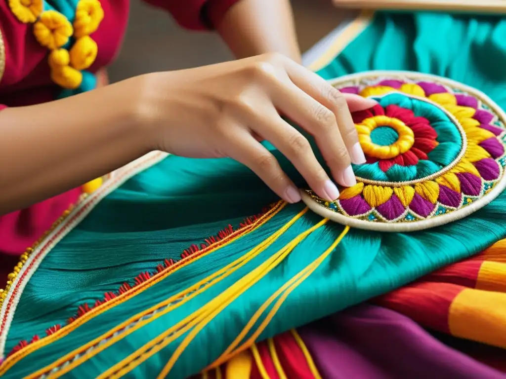 Un artesano borda con maestría un traje de danza tradicional, con técnicas artesanales que transmiten la esencia cultural y el arte en cada hilo