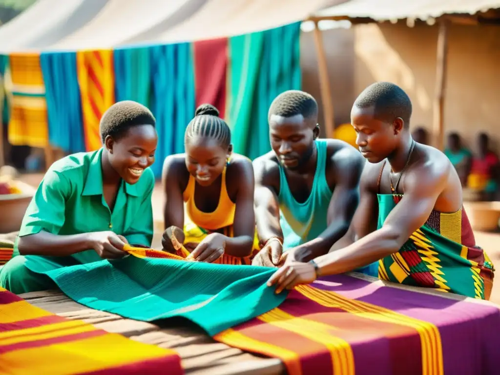 Artesanos africanos tejiendo Kente en un mercado vibrante