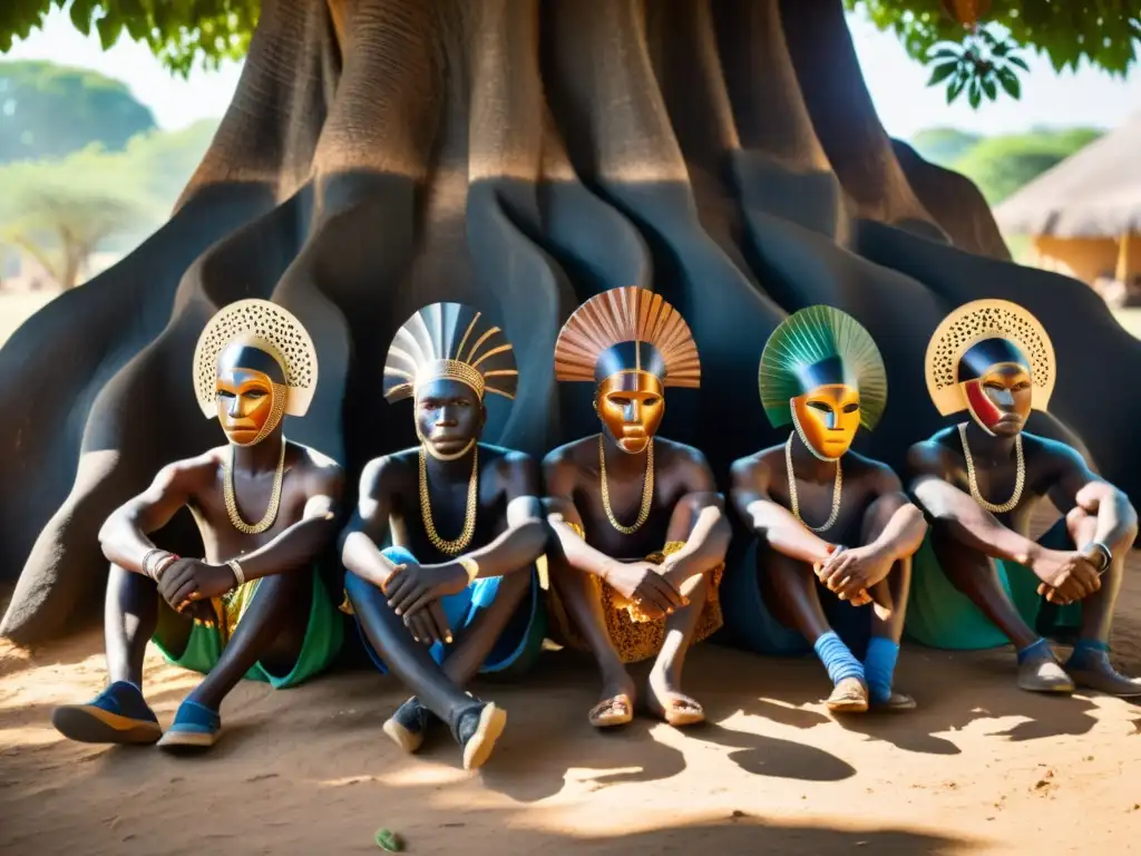 Artesanos africanos tallando máscaras bajo un árbol