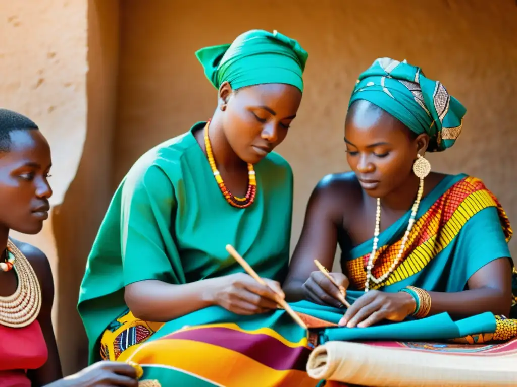 Artesanos africanos confeccionando vestimenta tradicional con técnicas ancestrales, rodeados de textiles y diseños coloridos