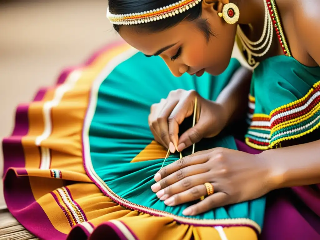 Artesanos cosiendo con destreza un traje de danza autóctono, resaltando la meticulosa confección y la rica herencia cultural