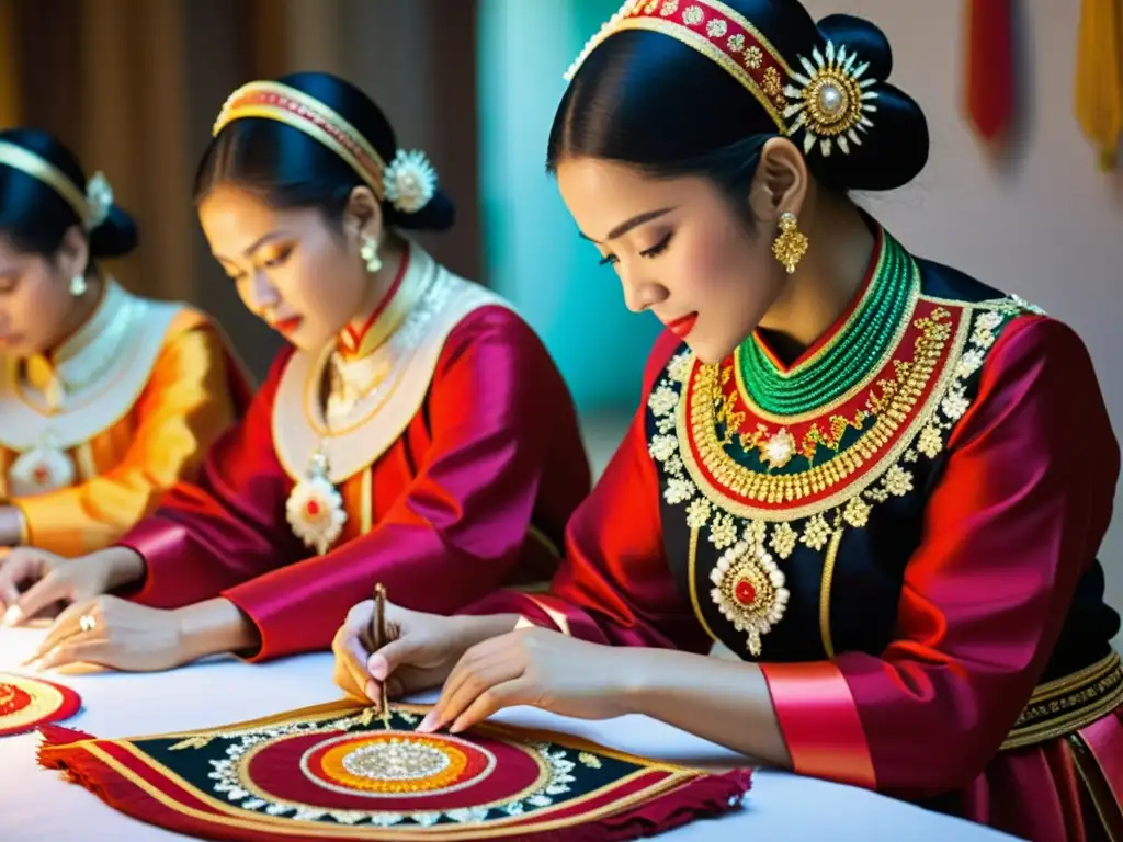 Artesanos crean con destreza trajes de danza tradicional, tejiendo la rica moda de la danza tradicional con hilos vibrantes y lentejuelas brillantes en un taller iluminado por un cálido resplandor