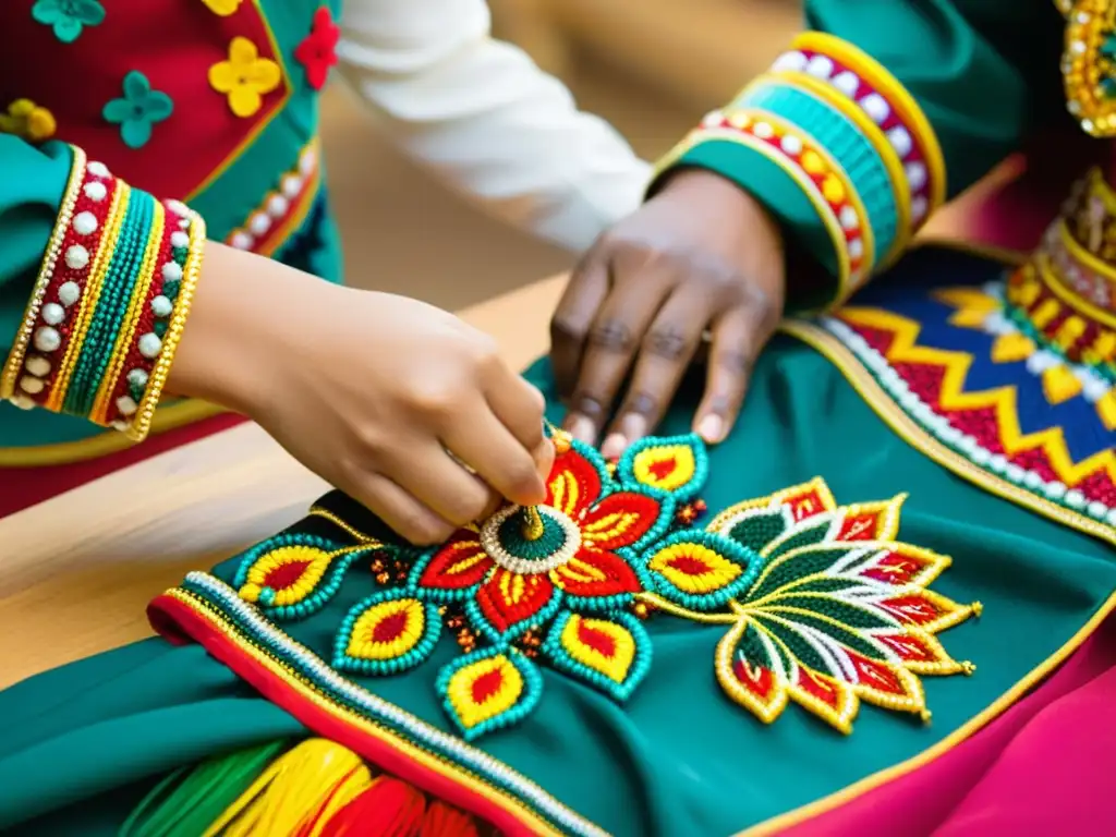 Artesanos expertos creando trajes de danza tradicionales Artesanos cosiendo meticulosamente diseños de vestuario para danzas tradicionales, honrando la herencia cultural con destreza y amor por el arte