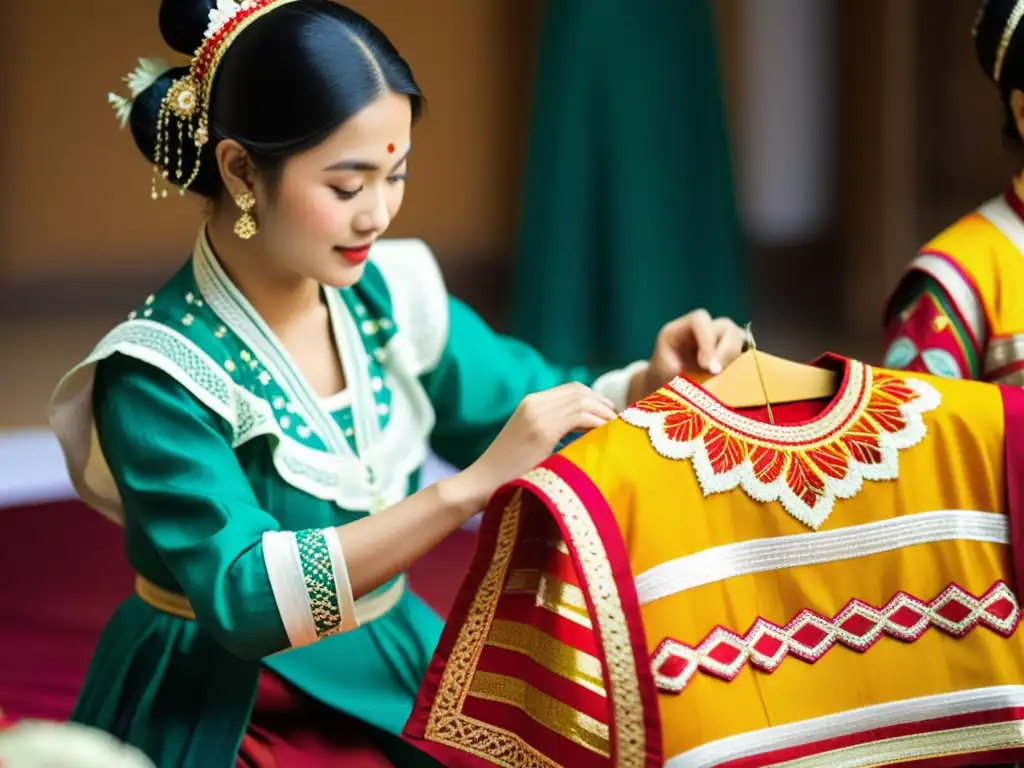 Artesanos expertos creando trajes tradicionales para danza Artesanos cosiendo con esmero trajes tradicionales para danzas
