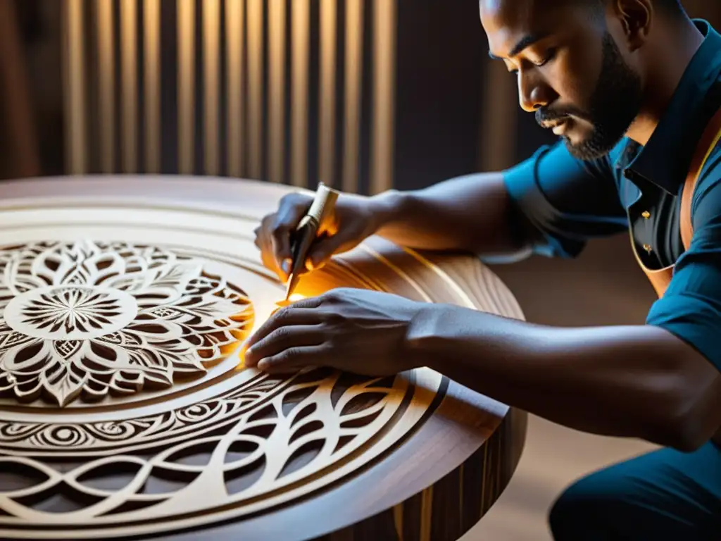 Artesanos tallan con gracia y destreza en madera oscura, creando muebles inspirados en danzas tradicionales, en un taller iluminado cálidamente