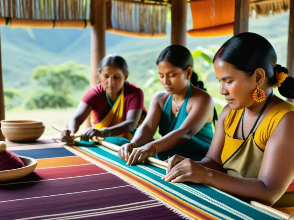 Artesanos indígenas tejiendo patrones en textiles tradicionales con tintes naturales, preservación de vestuarios tradicionales culturales