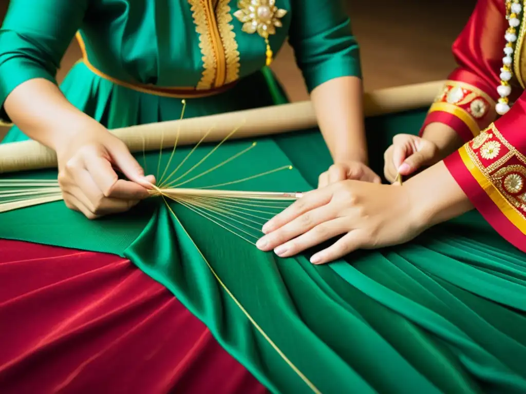 Artesanos cosiendo a mano patrones vibrantes en ropa de danza tradicional moderna, fusionando técnicas antiguas con enfoque innovador