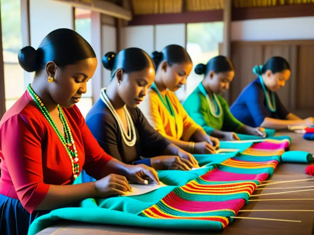 Artesanos cosiendo a mano trajes de baile tradicional con precisión y dedicación en un taller soleado