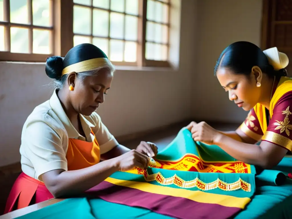 Artesanos cosiendo a mano trajes de danza tradicionales con patrones vibrantes y detallados, rodeados de hilos coloridos, cuentas y telas