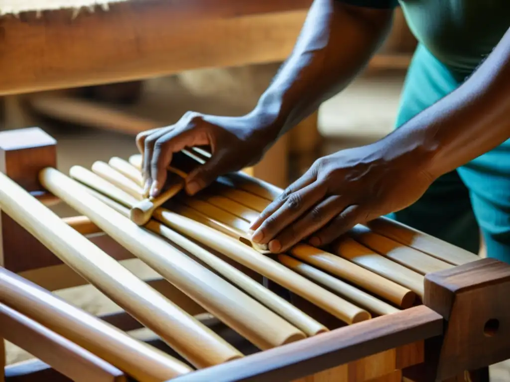 Artesanos en Centroamérica tallando marimbas de madera con destreza y cuidado, preservando una tradición musical única