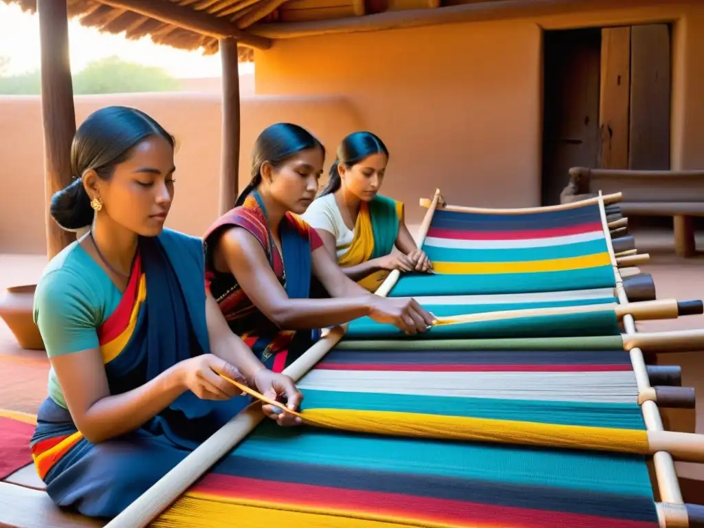 Artesanos tejen textiles tradicionales con hilos vibrantes al atardecer en un patio de adobe centenario