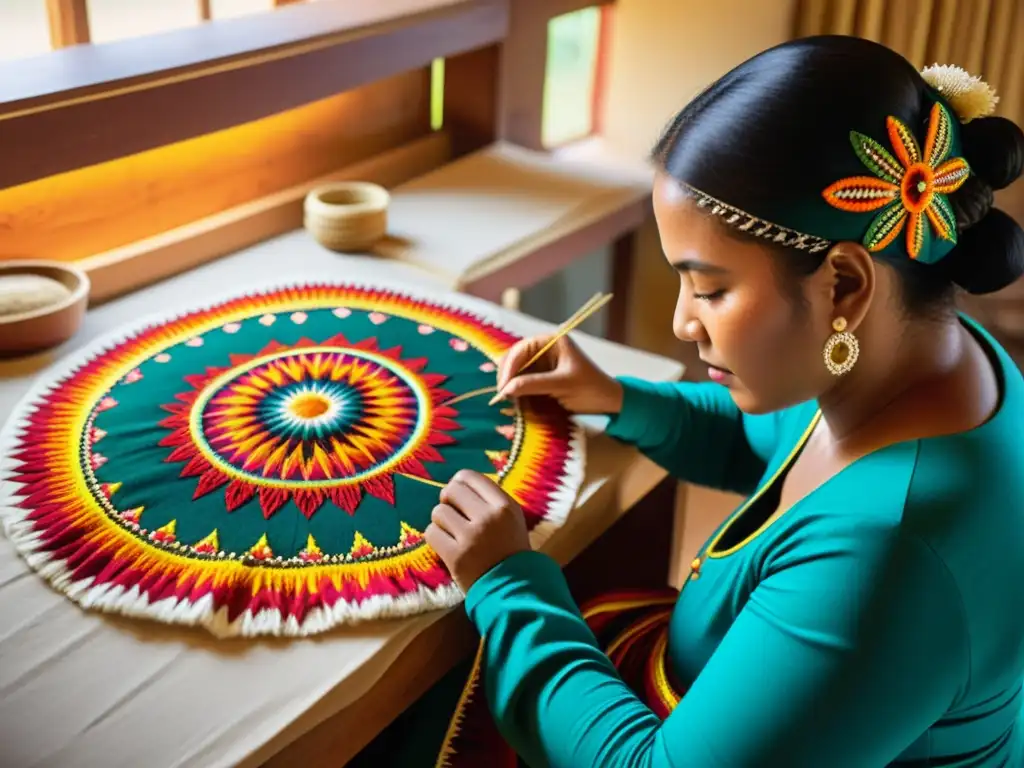 Artesanos confeccionando trajes de danza autóctonos, tejiendo coloridos diseños con hilo, iluminados por la luz cálida del sol