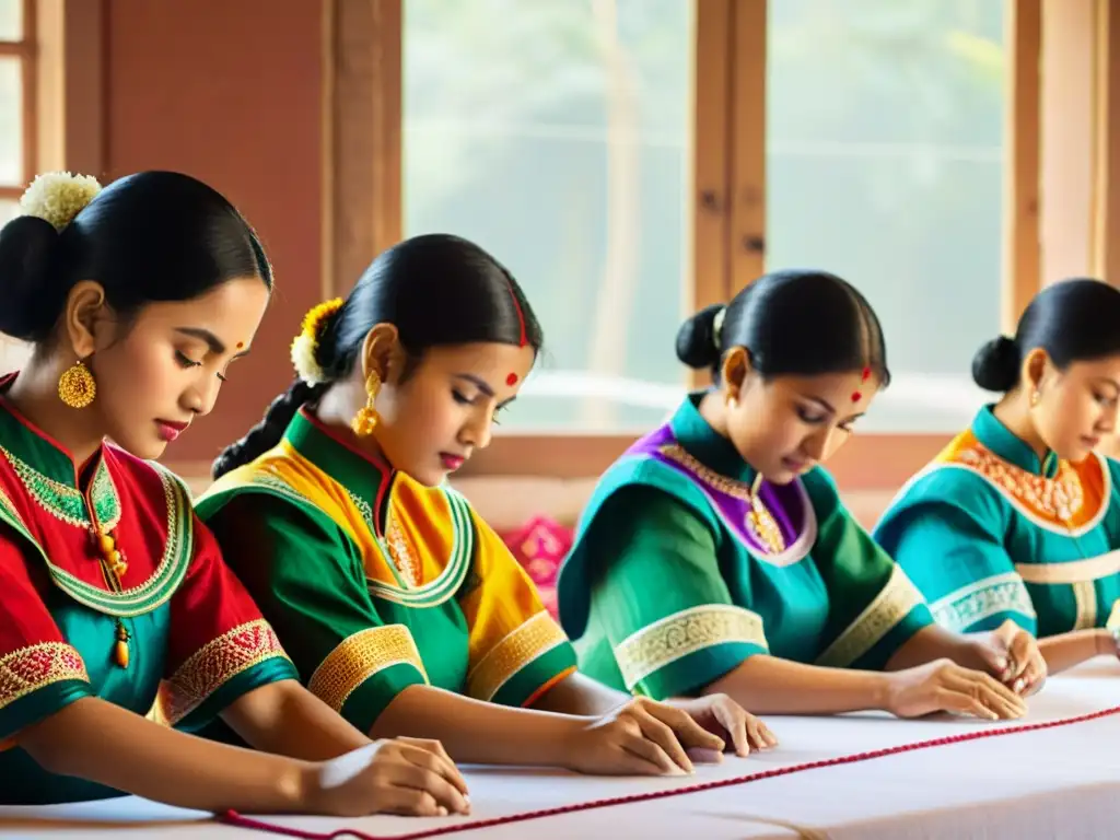 Artesanos bordando trajes de danza con hilos vibrantes y patrones intrincados, reflejando el significado cultural de los trajes