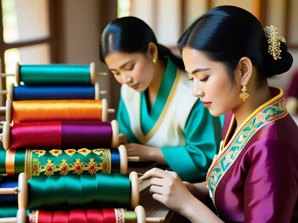 Artesanos bordando trajes de danza laosianos, preservando el significado cultural con técnicas tradicionales