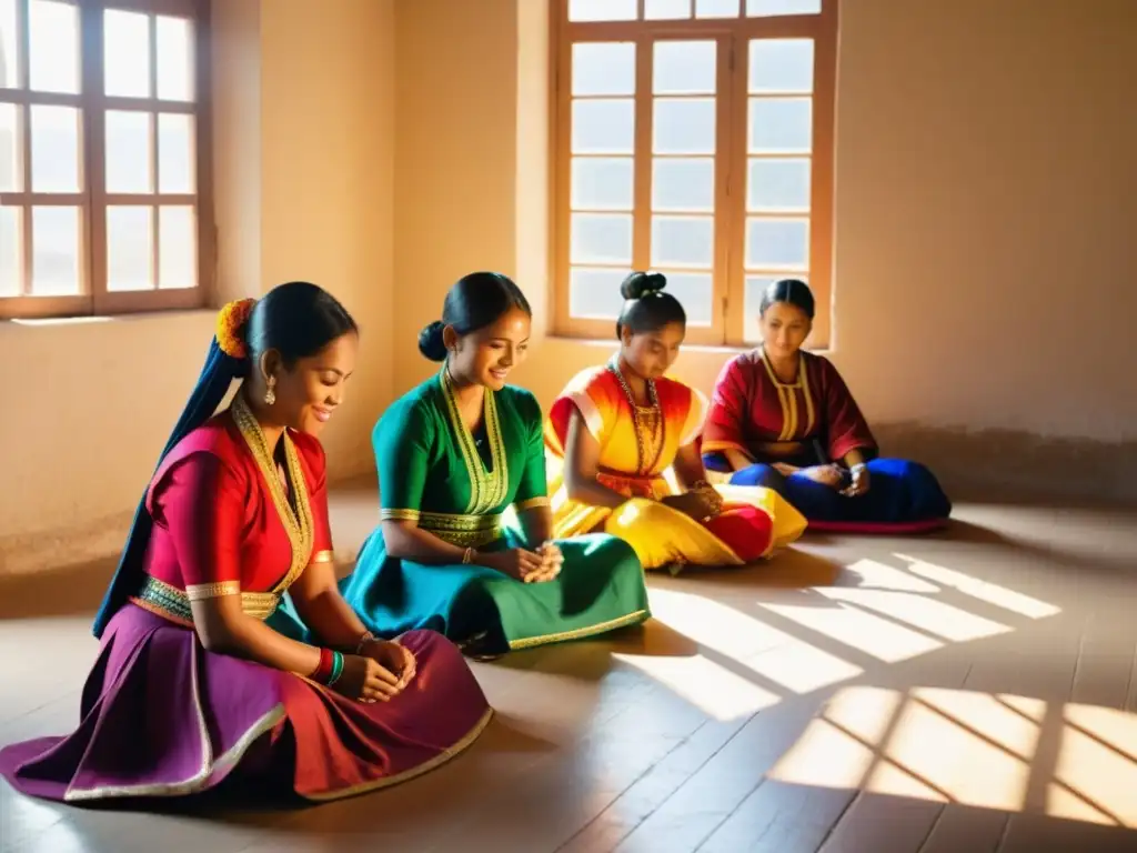 Artesanos bordando trajes de danza tradicional con hilos vibrantes, iluminados por la luz del sol