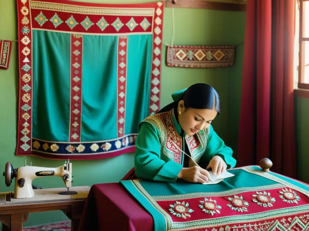 Artesanos uzbekos bordando trajes de danza tradicional con colores vibrantes y patrones intrincados, en un ambiente de cuidadosa artesanía