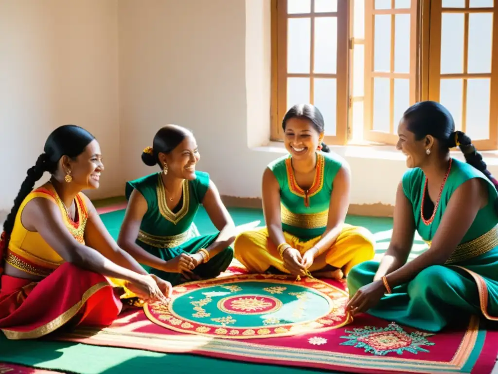 Artesanos bordando vestuarios tradicionales de danza en un ambiente vibrante y lleno de vida