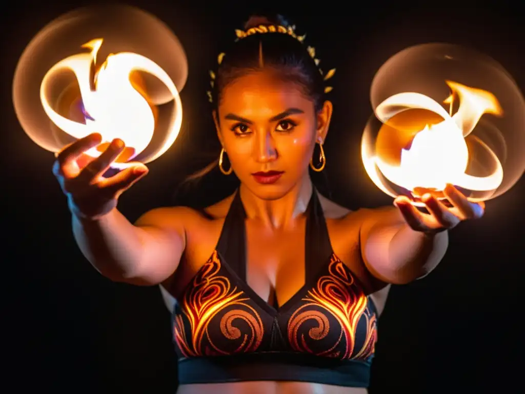 Un artista ejecuta la Danza del fuego técnica poi maorí, con movimientos dinámicos y expresión concentrada