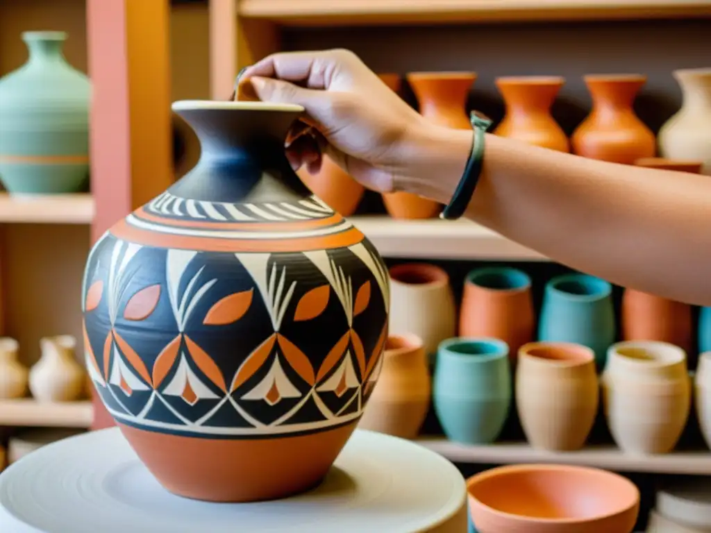 Un artista pintando diseños de danzas tradicionales en una vasija de cerámica