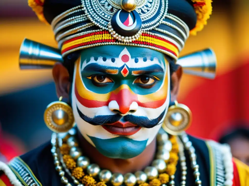 Un artista de Yakshagana, con maquillaje vibrante y expresión intensa