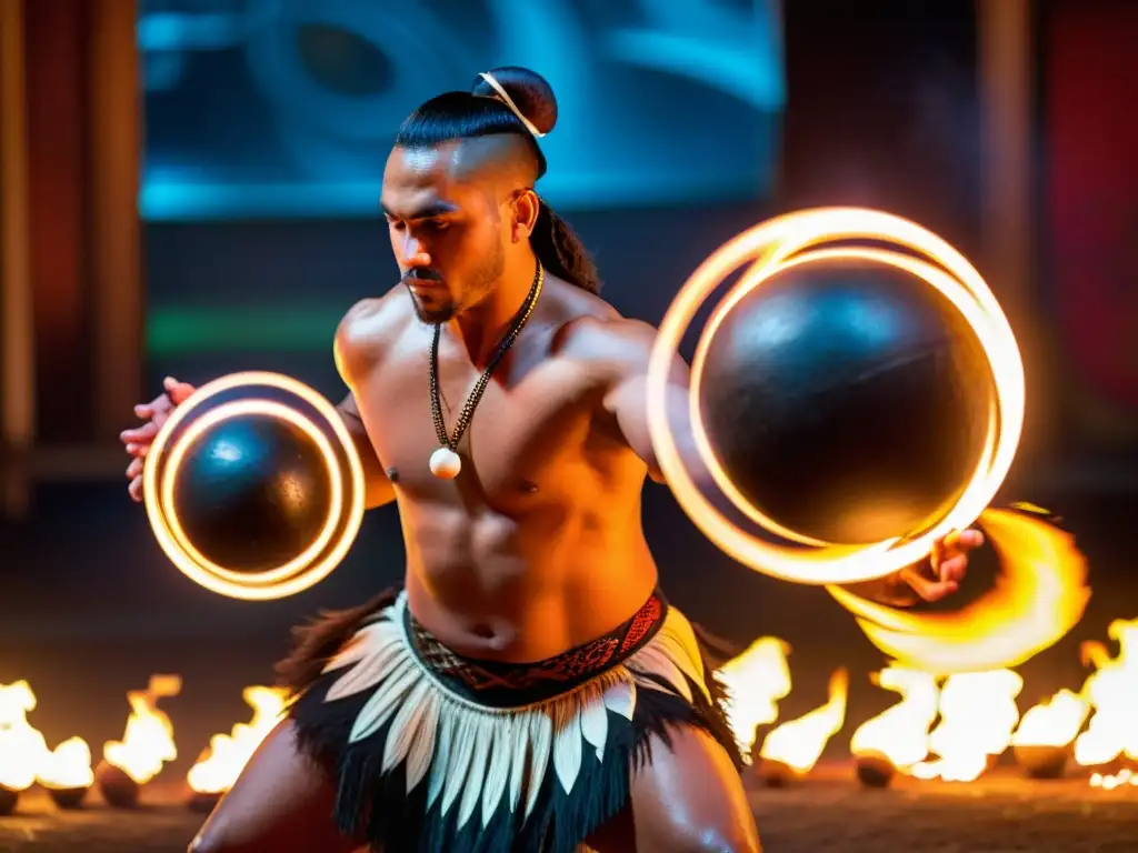 Un artista ejecuta la tradicional Danza del fuego técnica poi maorí, creando patrones hipnóticos con bolas poi en movimiento