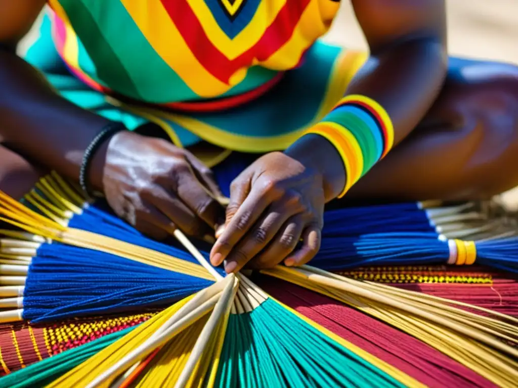 Artista en Vanuatu tejiendo un vibrante vestuario de danza tradicional con maestría y colorido