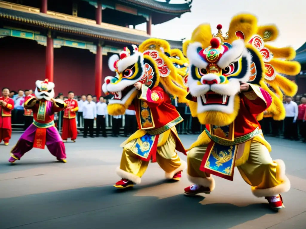 Dos artistas de la Danza del León chino en trajes vibrantes y detallados, saltando con agilidad, transmitiendo su significado cultural y vitalidad