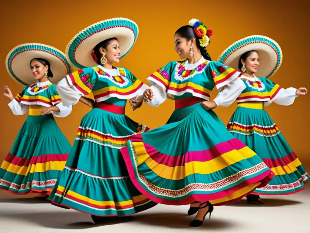 Artistas que plasman danzas mundiales: Fotografía de danza folclórica mexicana con trajes coloridos y movimientos dinámicos