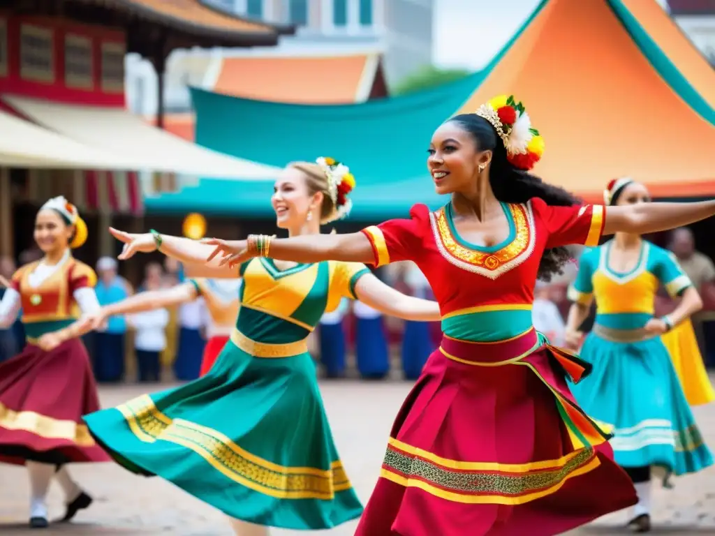 Artistas que plasman danzas mundiales en vibrante actuación cultural en plaza de mercado