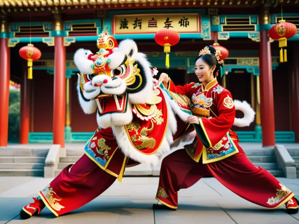 Dos artistas visten un elaborado traje de danza del león, deslumbrante y colorido, mientras realizan movimientos gráciles en un templo chino