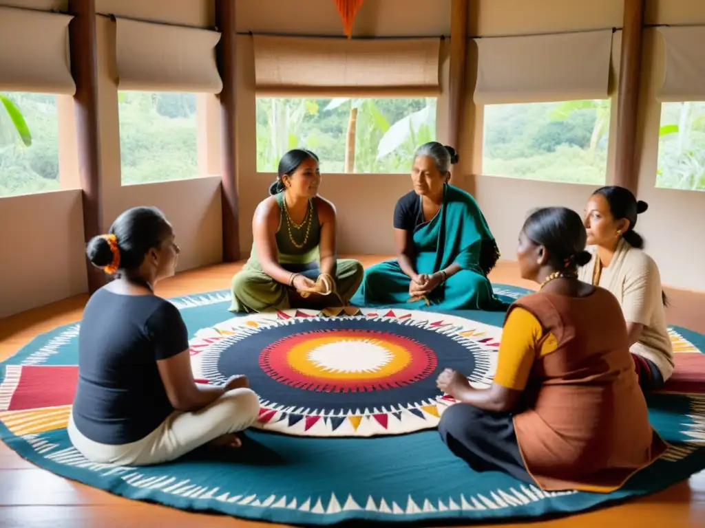 Artistas indígenas elaborando trajes étnicos sostenibles para danzas tradicionales, entre telas vibrantes y tintes naturales