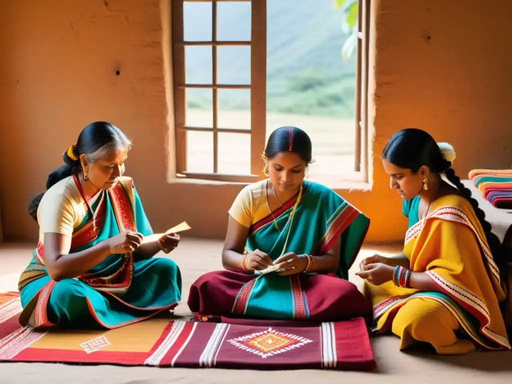 Artistas indígenas bordando trajes tradicionales en un taller rústico, rodeados de telas vibrantes y tintes naturales al atardecer