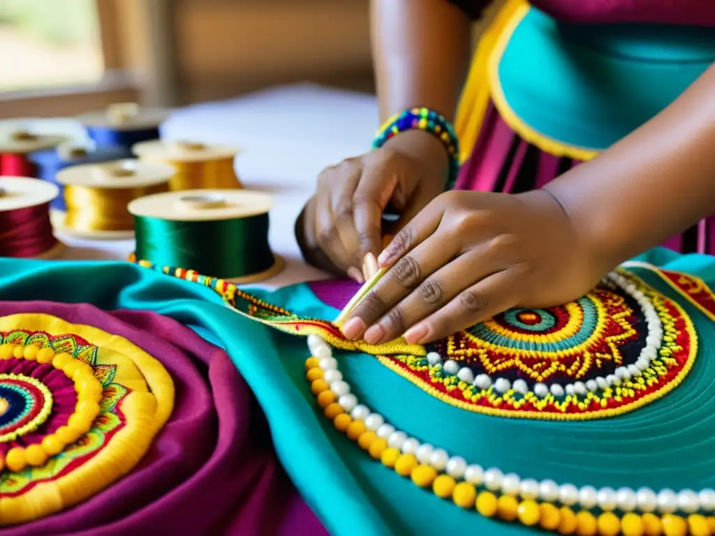 Artistas meticulosos cosiendo trajes de danza autóctonos, rodeados de coloridos textiles y enfocados en su labor artesanal