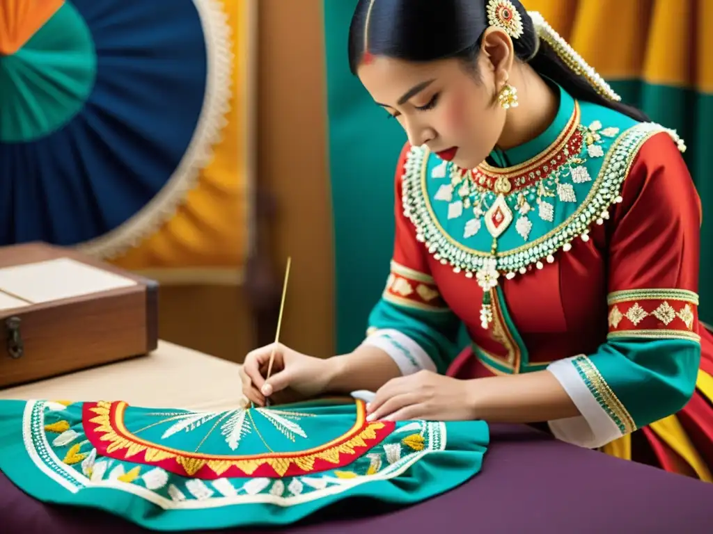 Artistas restaurando un traje de danza tradicional con detalle y colorido