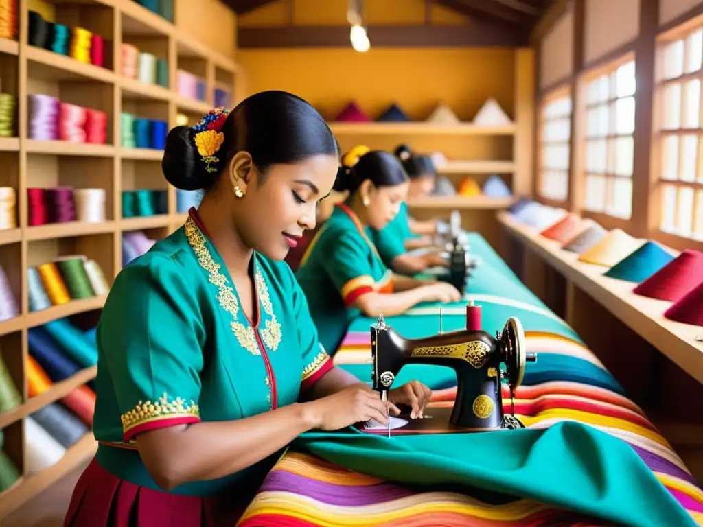 Artistas bordando trajes de danza con pasión y destreza, reflejando el significado cultural de la artesanía