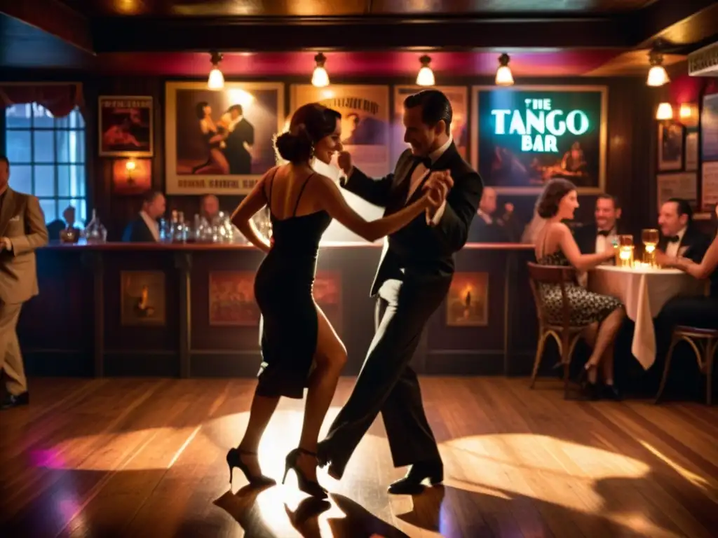 Una atmósfera apasionada en un bar de tango, con movimientos borrosos y significado cultural del tango argentino