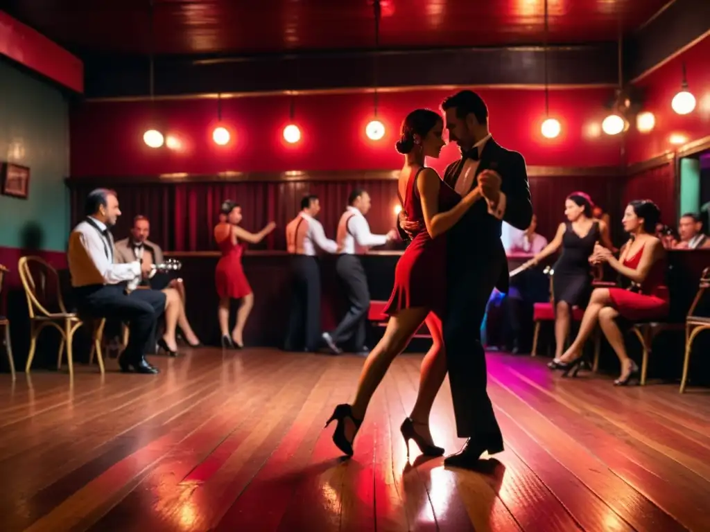 Una atmósfera apasionada llena de historia del tango argentino significado, con parejas bailando y una banda en un club de Buenos Aires