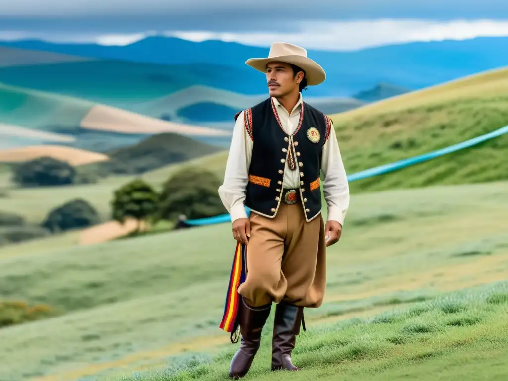 Un atuendo tradicional de gaucho uruguayo muestra el significado cultural del Pericón Nacional en Uruguay, con detalles bordados y colores vibrantes contra un paisaje de colinas verdes y cielo azul