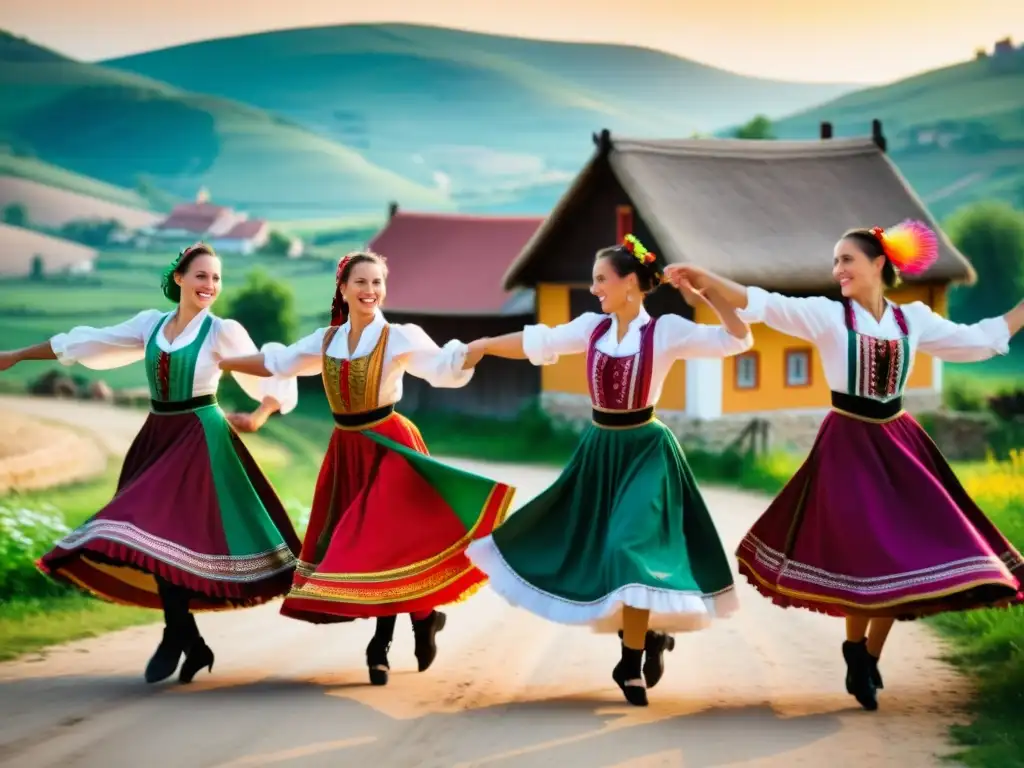 Una auténtica danza csárdás húngara en un paisaje rural, con movimientos apasionados y coloridos trajes tradicionales