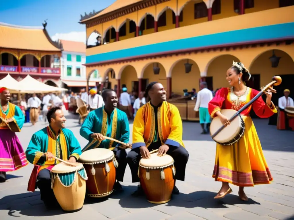 Música auténtica para danzas exóticas: músicos y bailarines en una plaza vibrante y colorida, rodeados de energía y tradición cultural