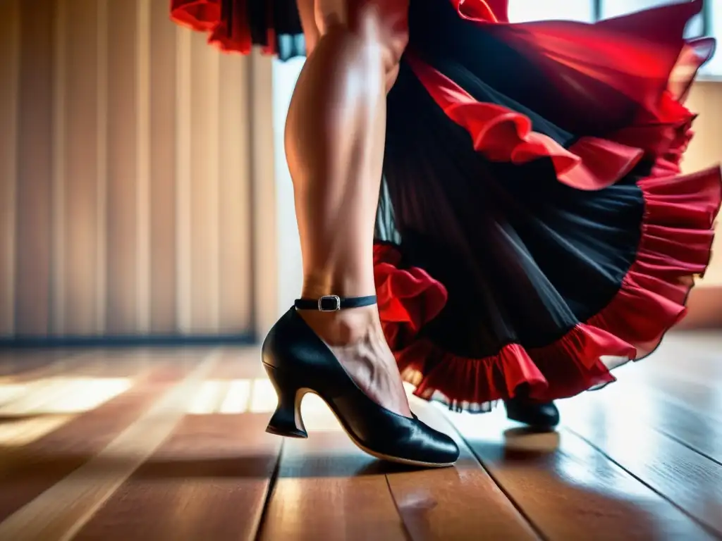 Una bailaora de flamenco apasionada realiza un intenso zapateado en un escenario de madera, con su traje rojo y negro ondeando